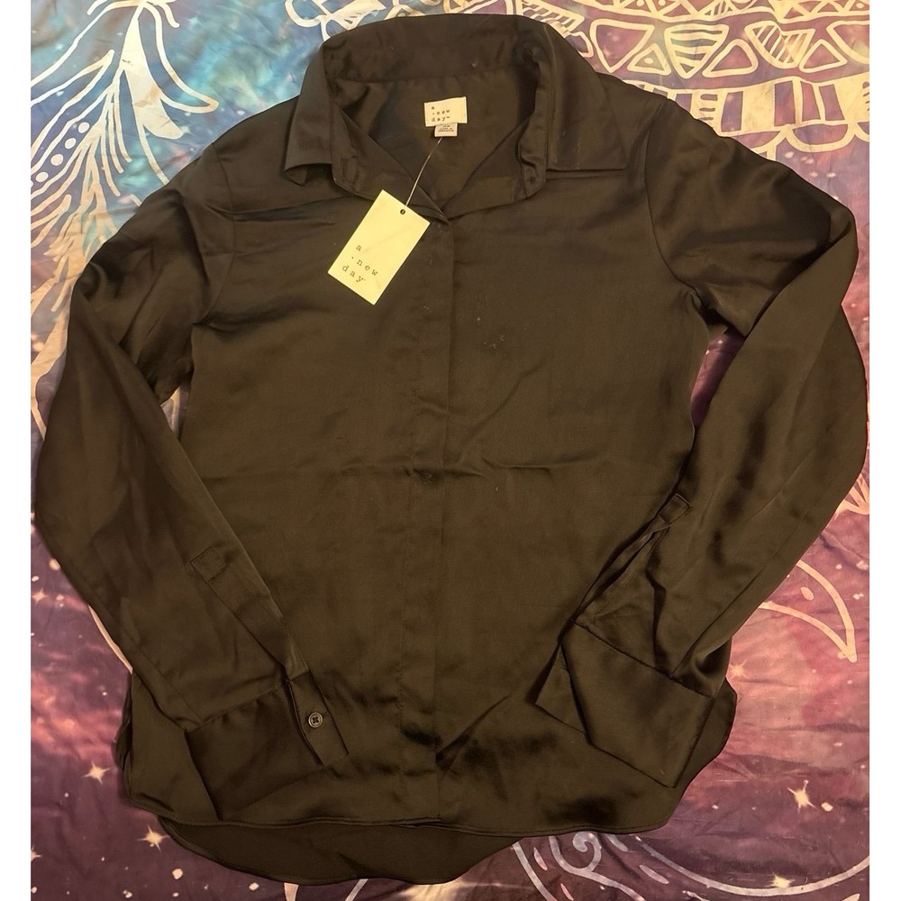 NEW A New Day Black Satin Longsleeve Slim Fit Tailored Button-Up Blouse, Size XS